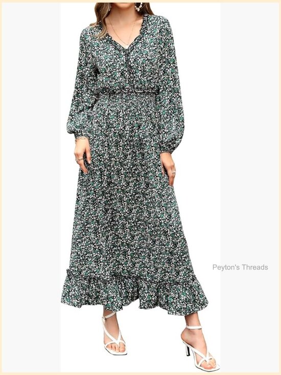 Dresses & Skirts - V Neck Boho Floral Print Wedding Guest Maxi Dress Bohemian Flowy